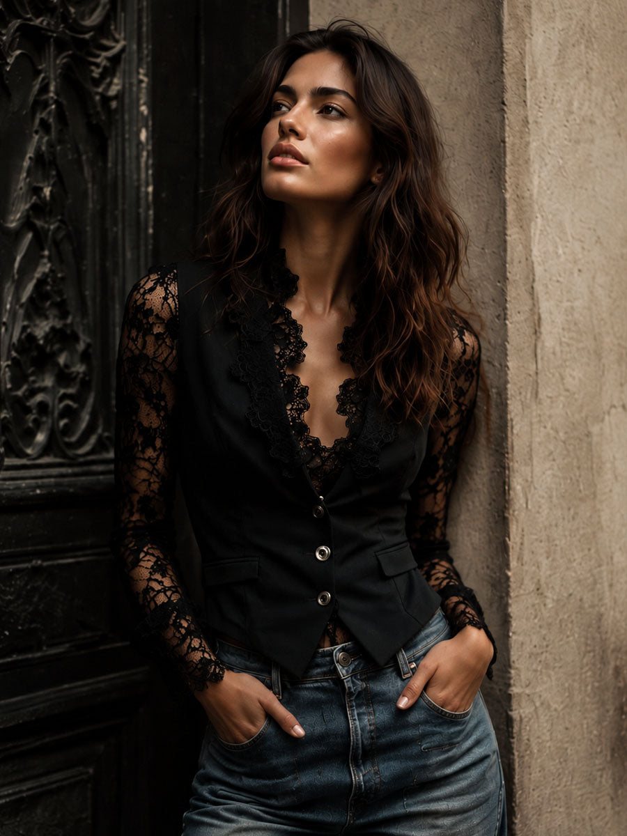Noémie | Haut Blazer Noir avec Manches Semi-Transparentes