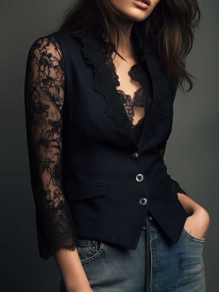 Noémie | Haut Blazer Noir avec Manches Semi-Transparentes