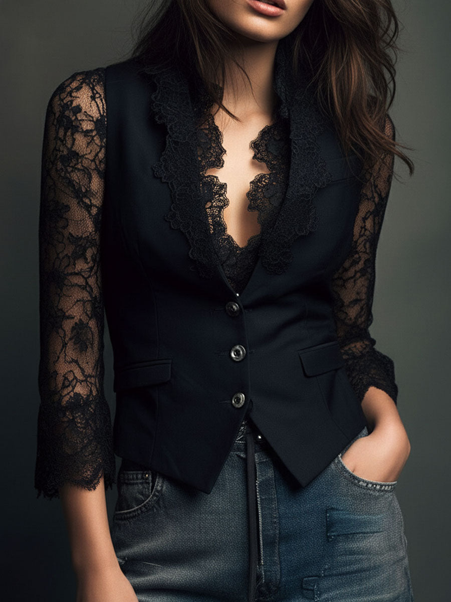 Noémie | Haut Blazer Noir avec Manches Semi-Transparentes
