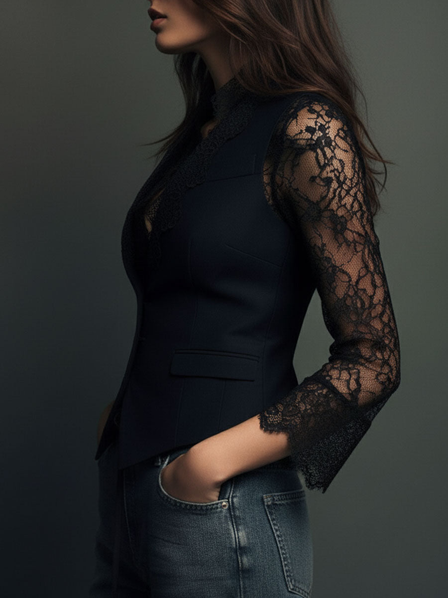 Noémie | Haut Blazer Noir avec Manches Semi-Transparentes