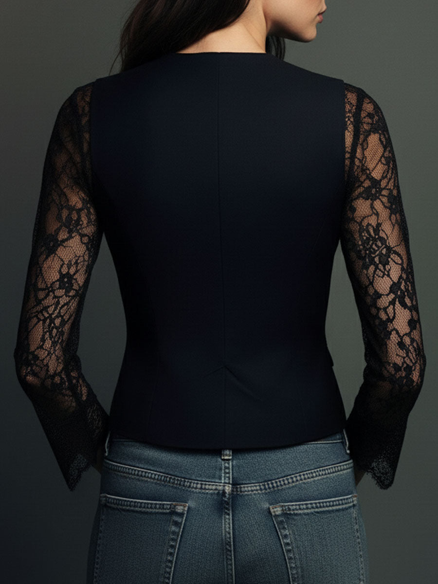 Noémie | Haut Blazer Noir avec Manches Semi-Transparentes