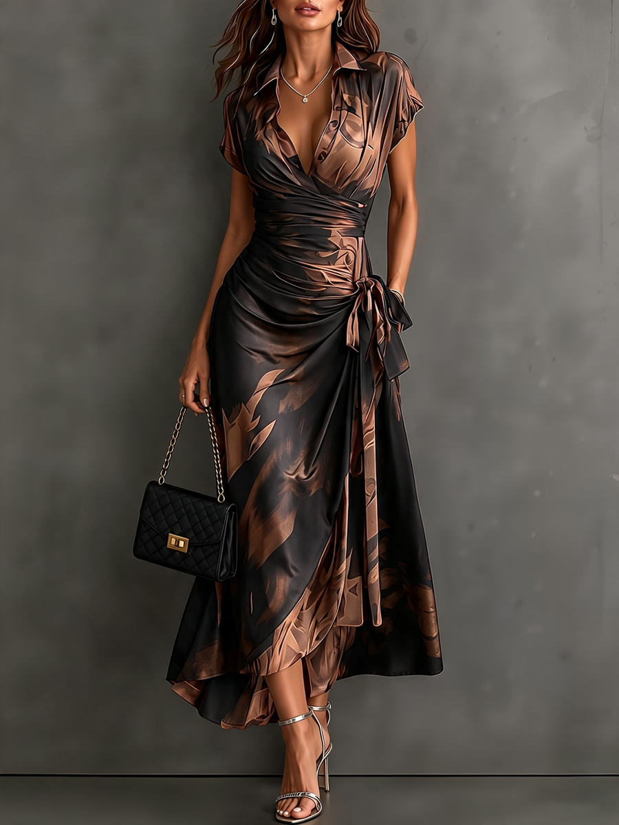 Robe Portefeuille Mi-longue à Imprimé Abstrait Marron Noir