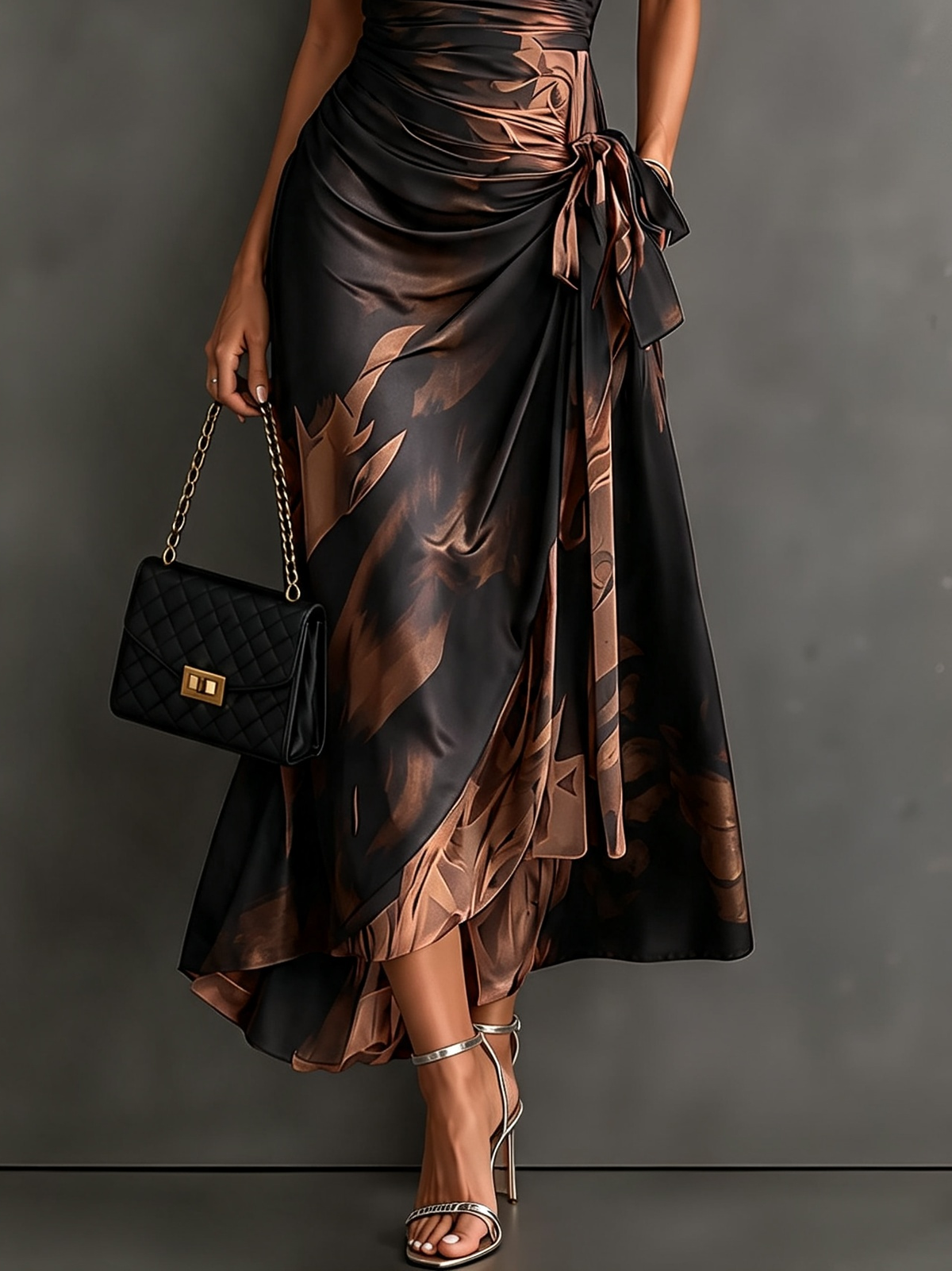 Robe Portefeuille Mi-longue à Imprimé Abstrait Marron Noir