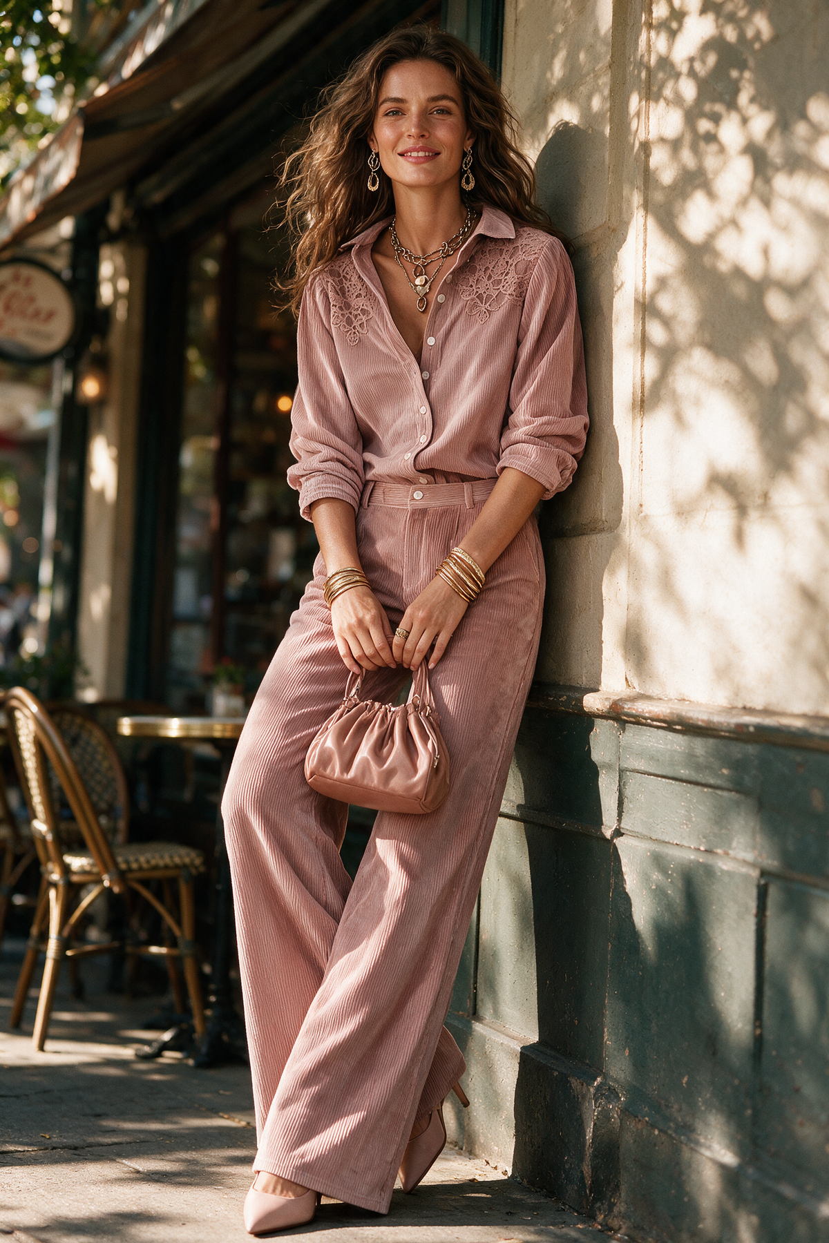 Ensemble Chemise & Pantalon Jambe Large en Velours Boho à Dentelle