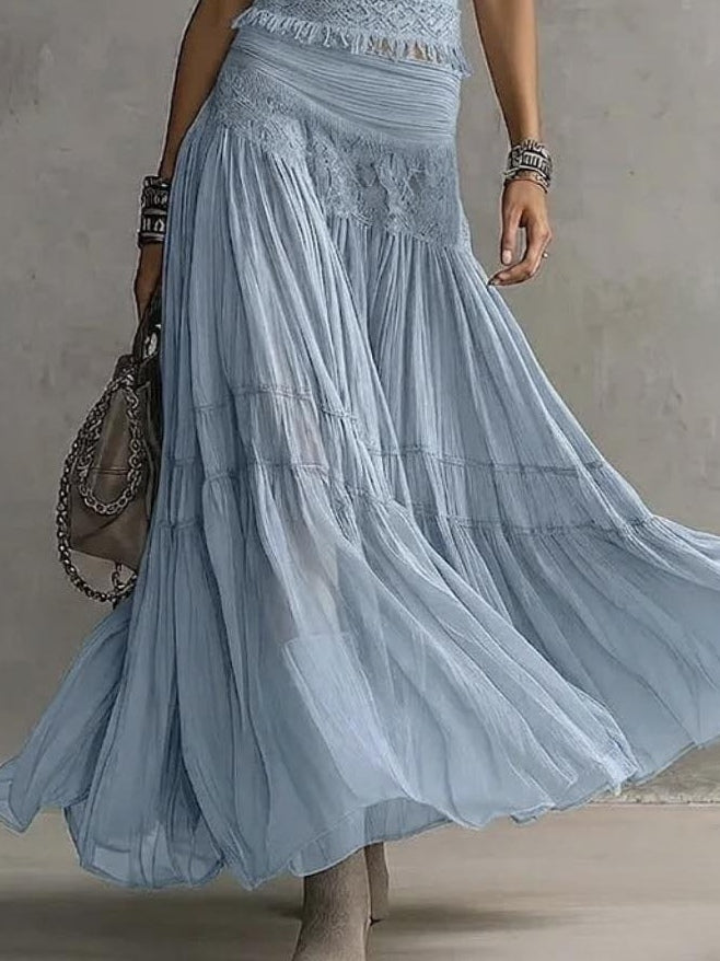Ensemble Haut et Jupe Maxi Plissée en Dentelle Bleue