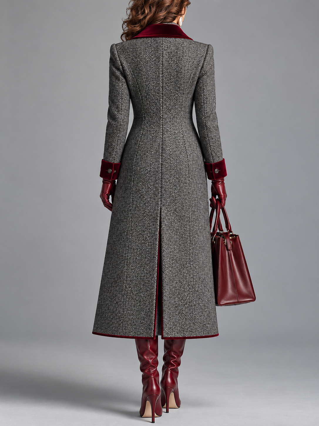 Adele | Long manteau à chevrons avec garniture de velours