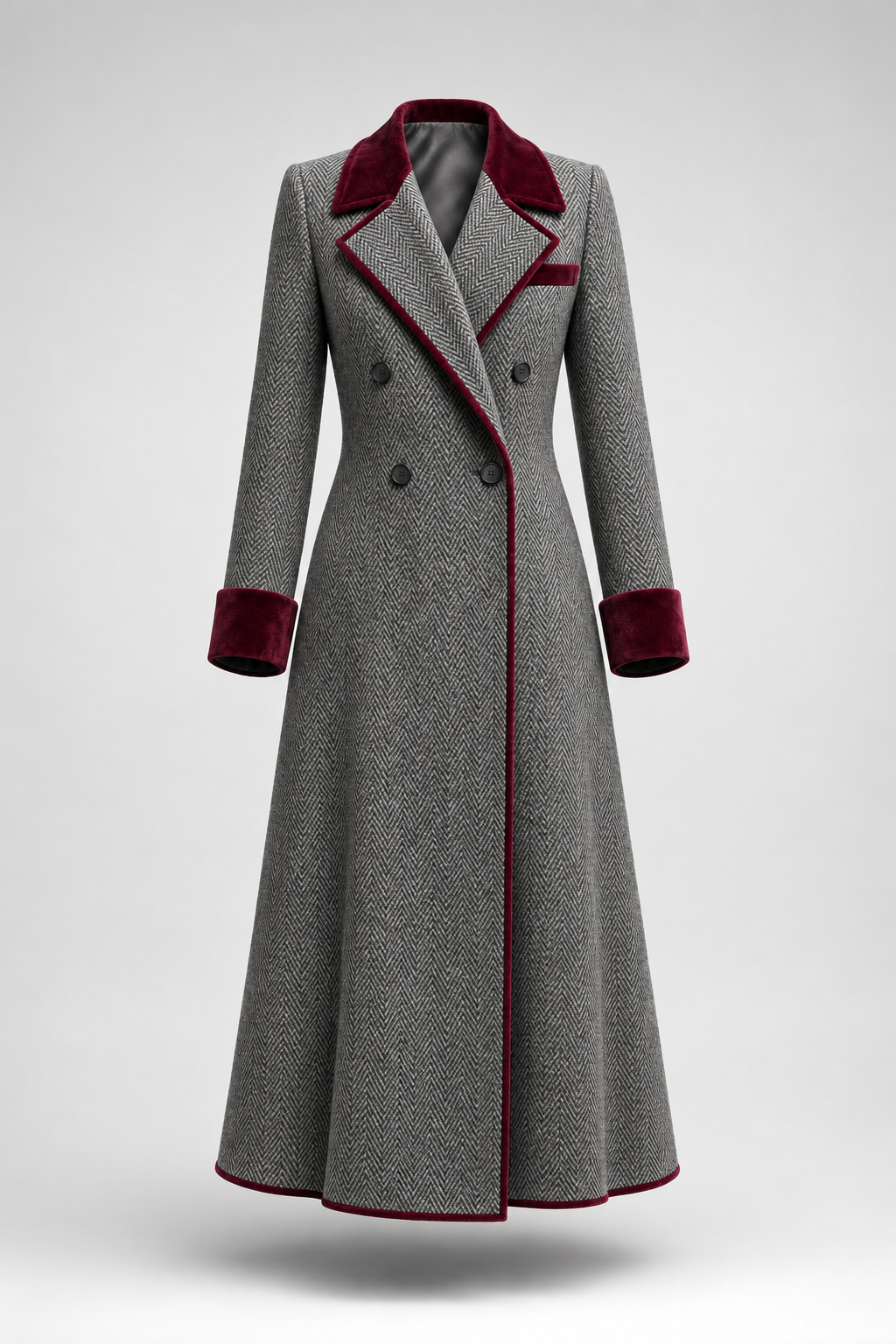 Adele | Long manteau à chevrons avec garniture de velours