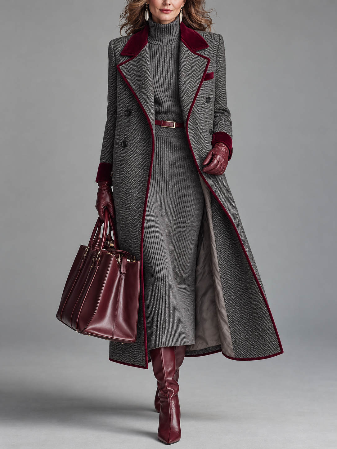 Adele | Long manteau à chevrons avec garniture de velours