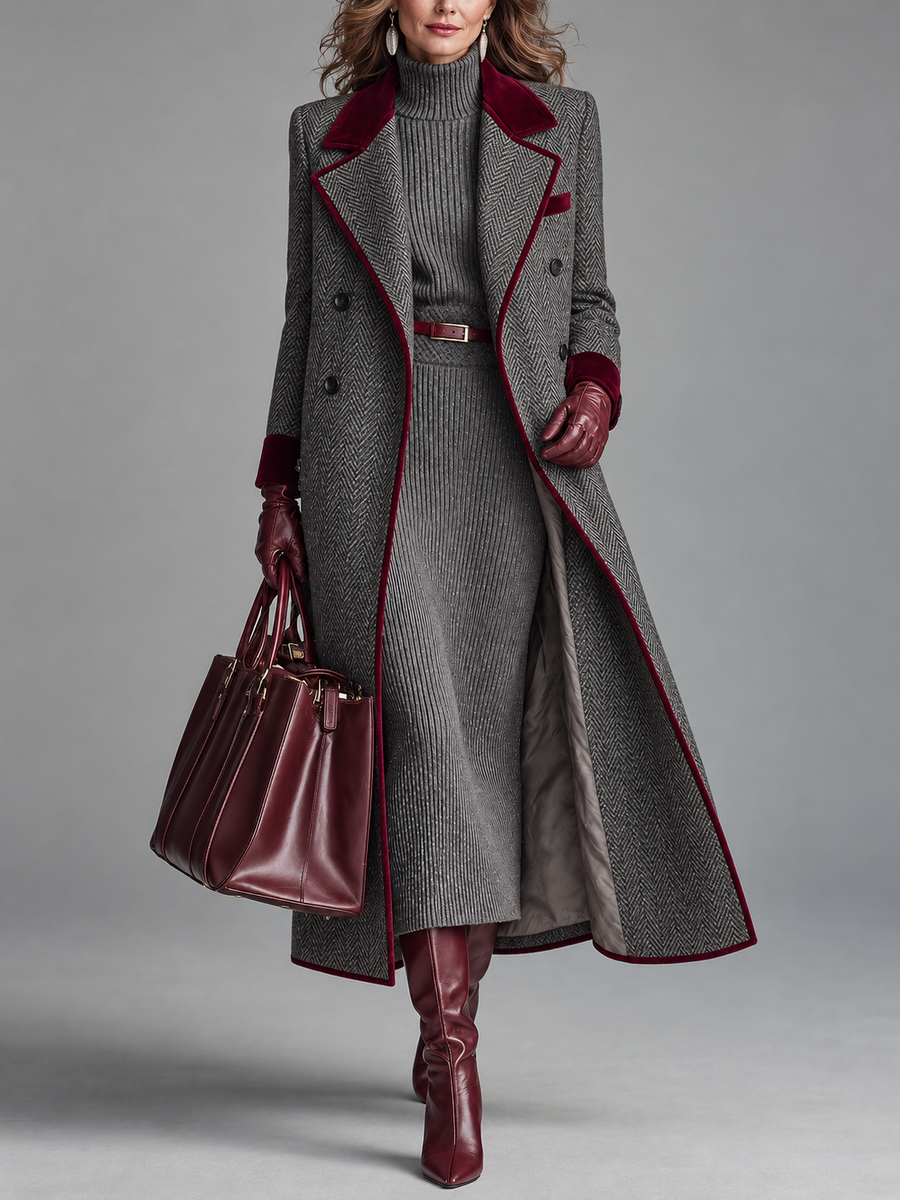 Adele | Long manteau à chevrons avec garniture de velours