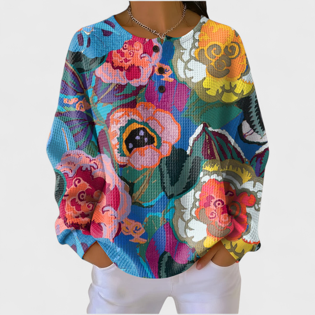 DELAUNAY | Pull Gaufré Grandes Fleurs Peintes Lucie