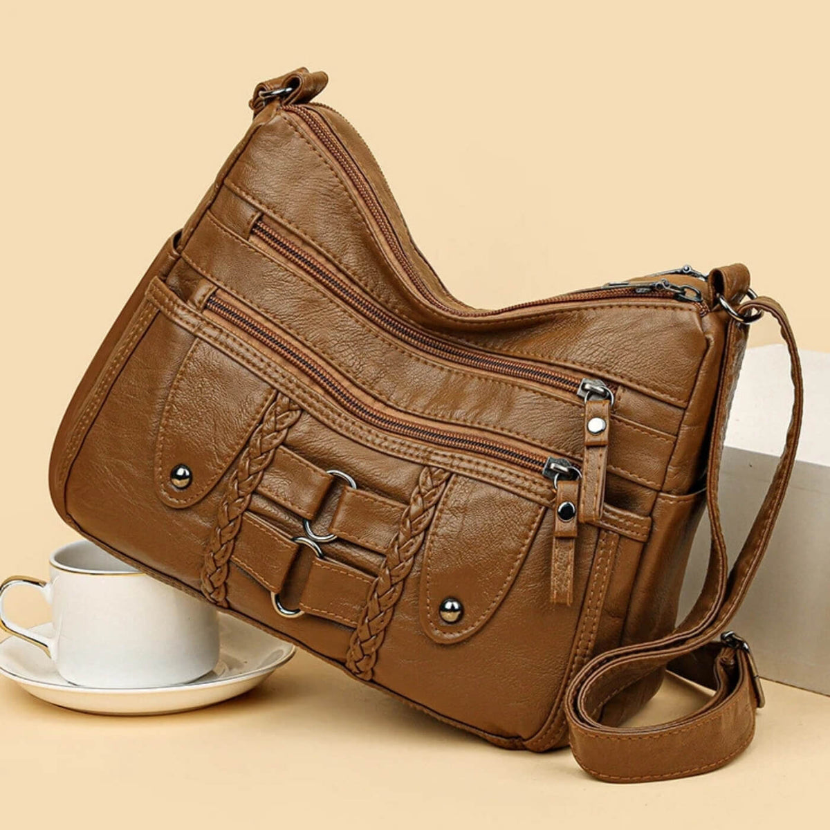 Monica | Sac Porté Travers Tressé à Multiples Zips