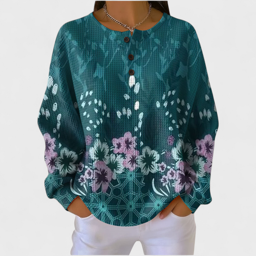 DELAUNAY | Pull Gaufré Fleurs Bleu Canard Véronique