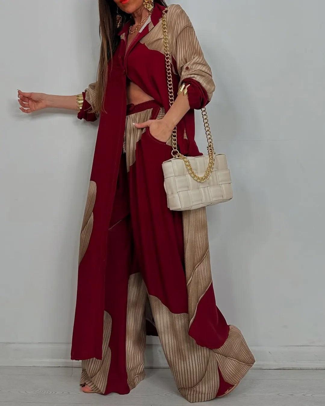 Ensemble casual avec haut et pantalon patchwork à encolure en V pour femme
