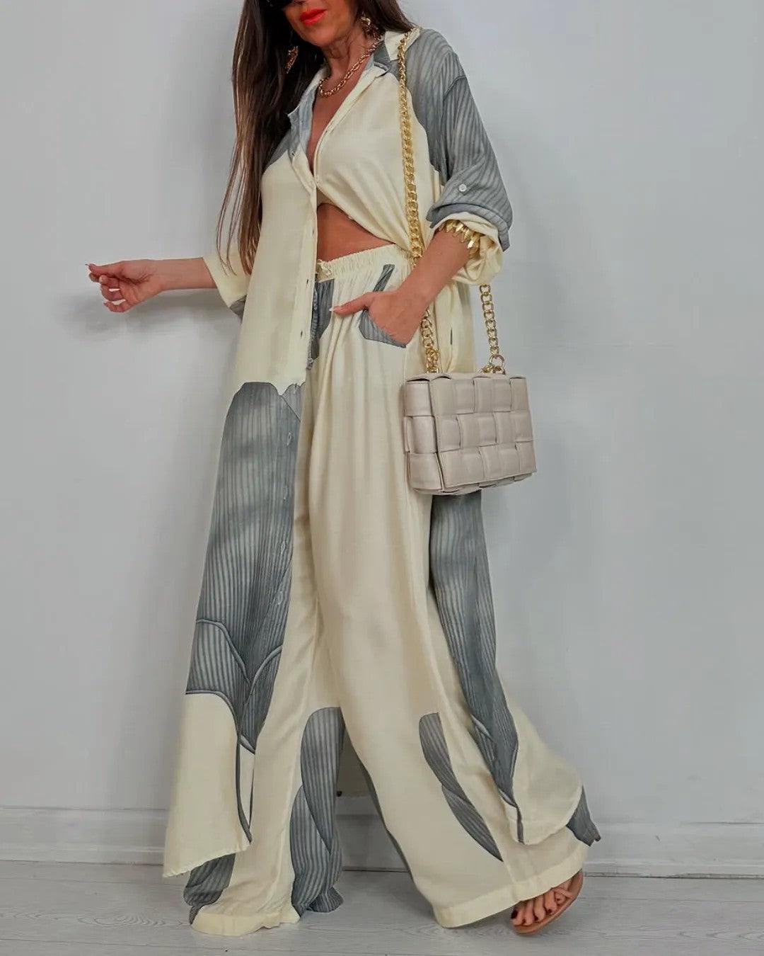 Ensemble casual avec haut et pantalon patchwork à encolure en V pour femme