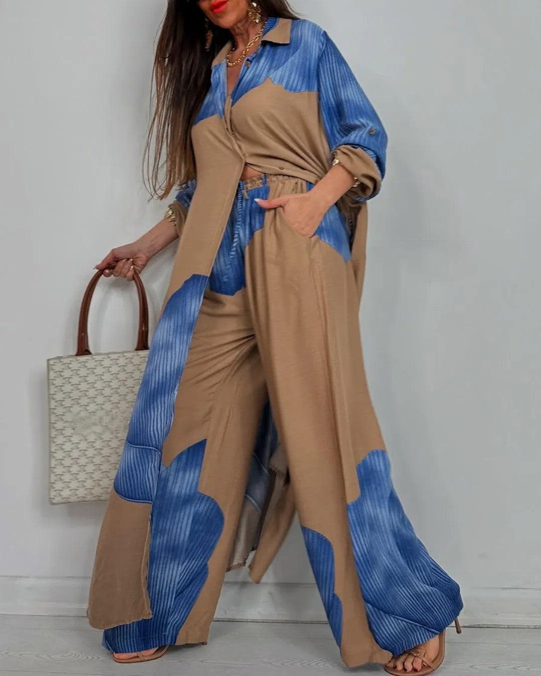 Ensemble casual avec haut et pantalon patchwork à encolure en V pour femme
