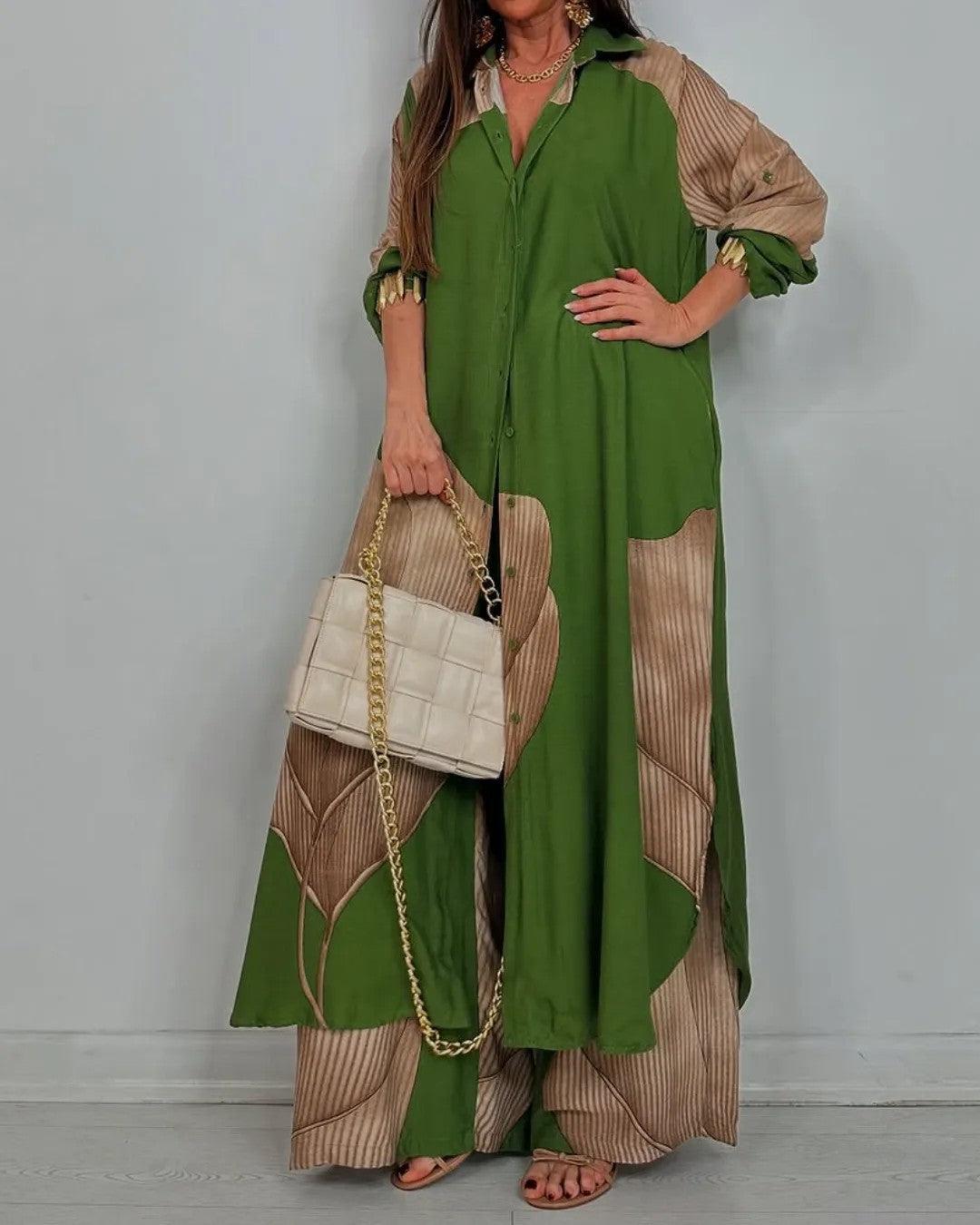 Ensemble casual avec haut et pantalon patchwork à encolure en V pour femme