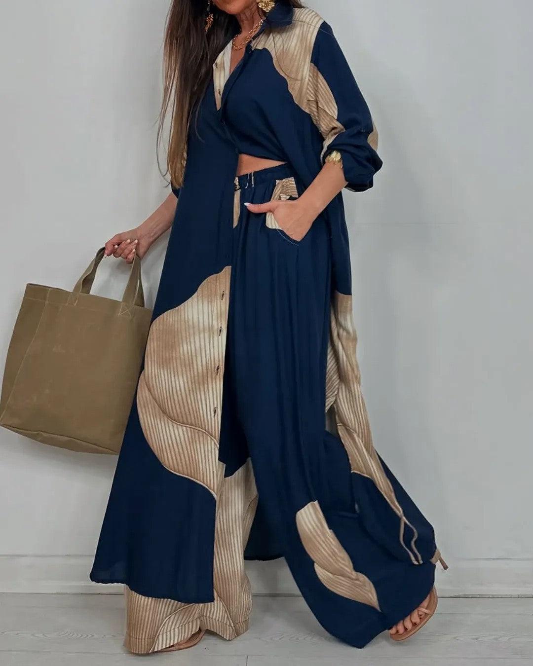Ensemble casual avec haut et pantalon patchwork à encolure en V pour femme