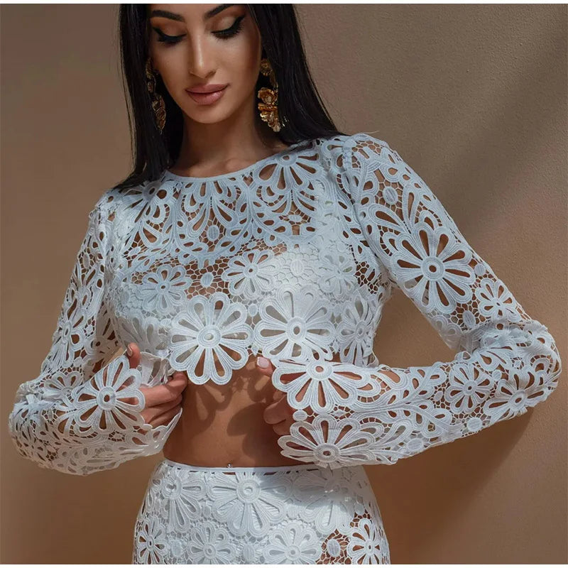 DELAUNAY | Ensemble en Crochet Fleuri avec Jupe Longue