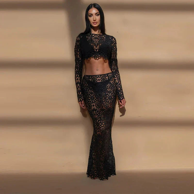 DELAUNAY | Ensemble en Crochet Fleuri avec Jupe Longue