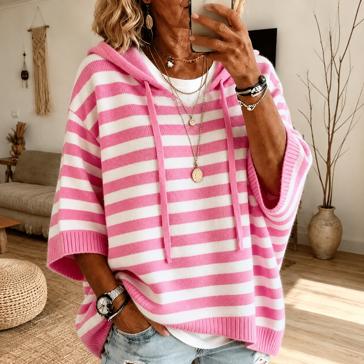 Emilie – Poncho Pull Rayé Rose