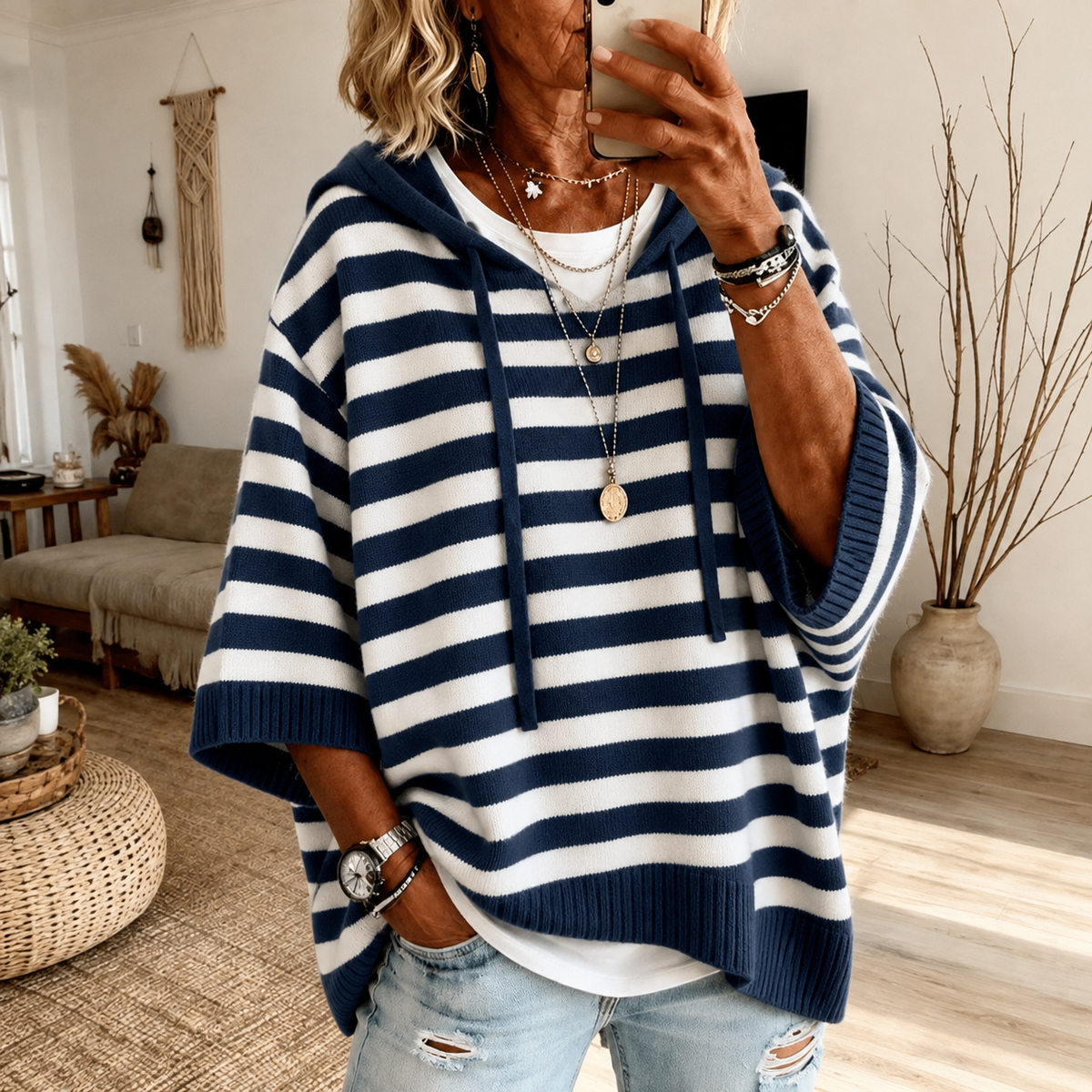 Marine – Poncho Pull Rayé Bleu Marine