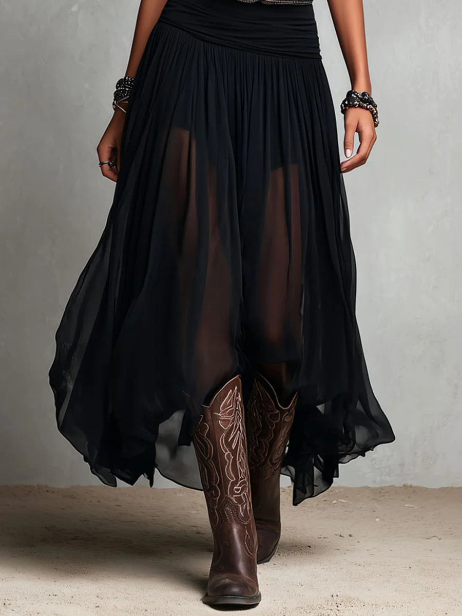 Débardeur noir sans manches avec jupe longue en tulle, robe longue (sans ceinture)