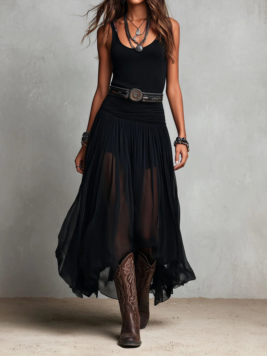 Débardeur noir sans manches avec jupe longue en tulle, robe longue (sans ceinture)