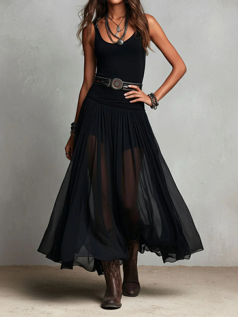 Débardeur noir sans manches avec jupe longue en tulle, robe longue (sans ceinture)
