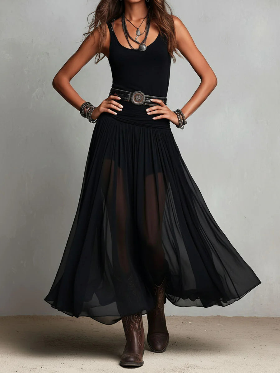 Débardeur noir sans manches avec jupe longue en tulle, robe longue (sans ceinture)