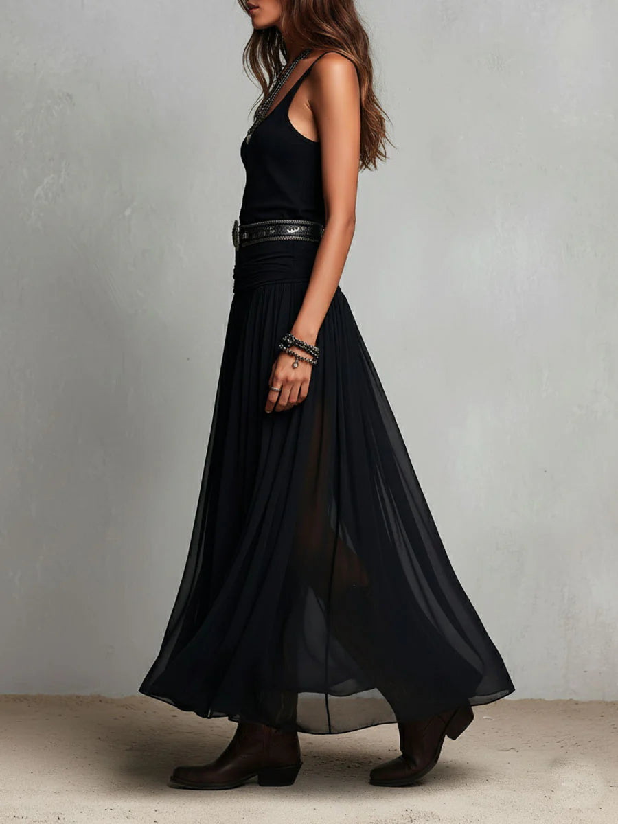 Débardeur noir sans manches avec jupe longue en tulle, robe longue (sans ceinture)