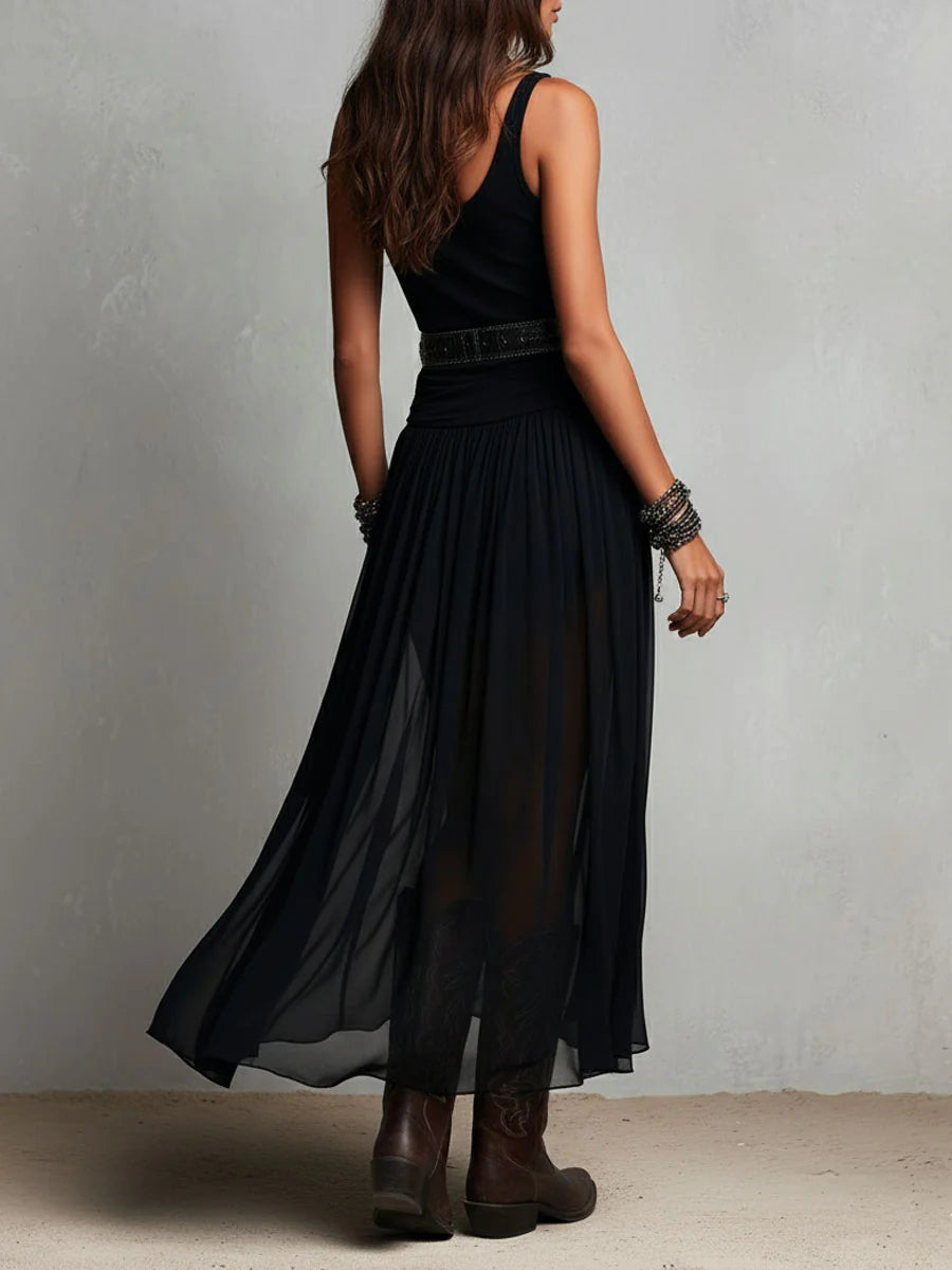 Débardeur noir sans manches avec jupe longue en tulle, robe longue (sans ceinture)