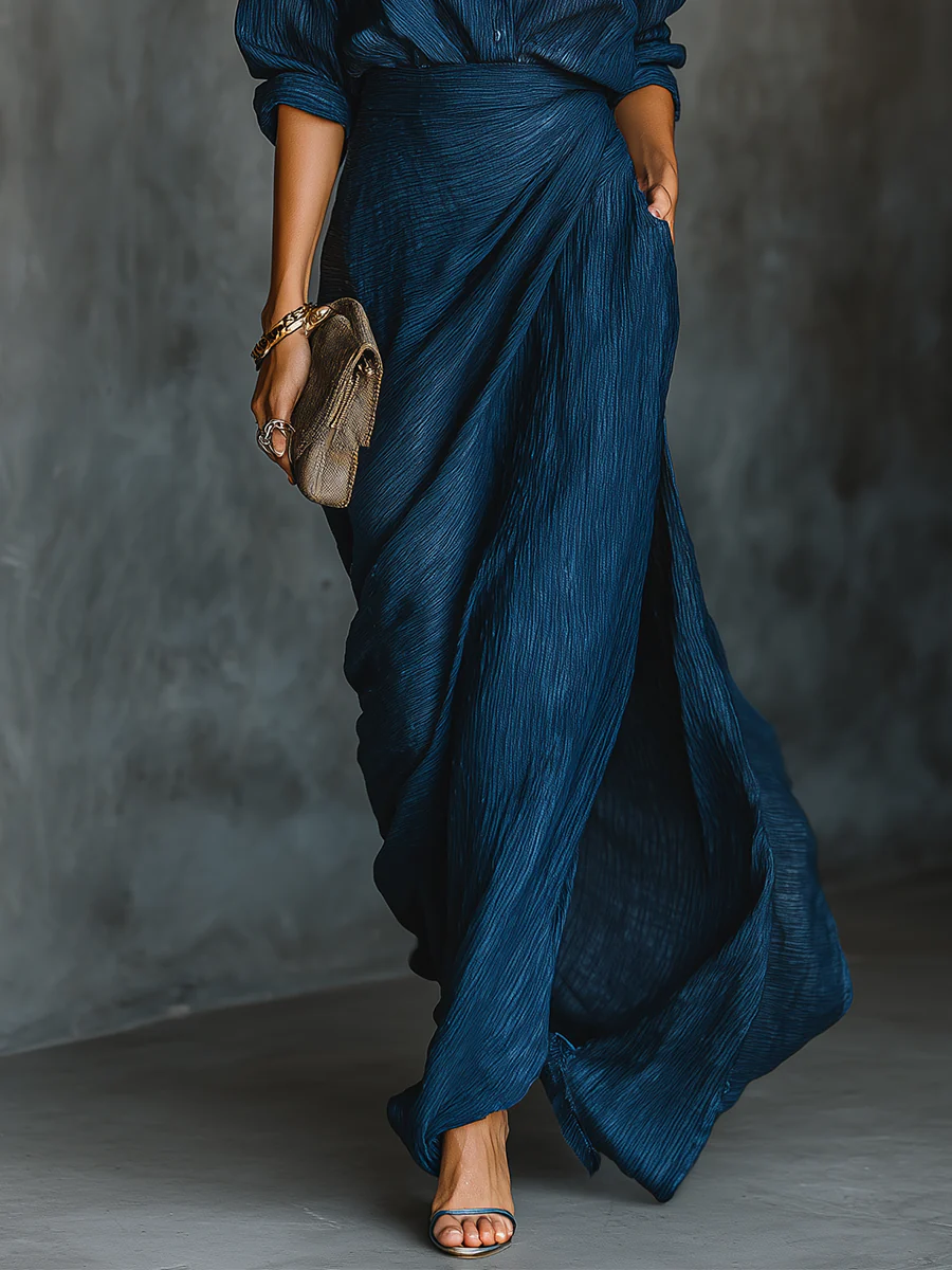 Ensemble chemise et jupe longue bleu foncé élégant en mélange lin et viscose
