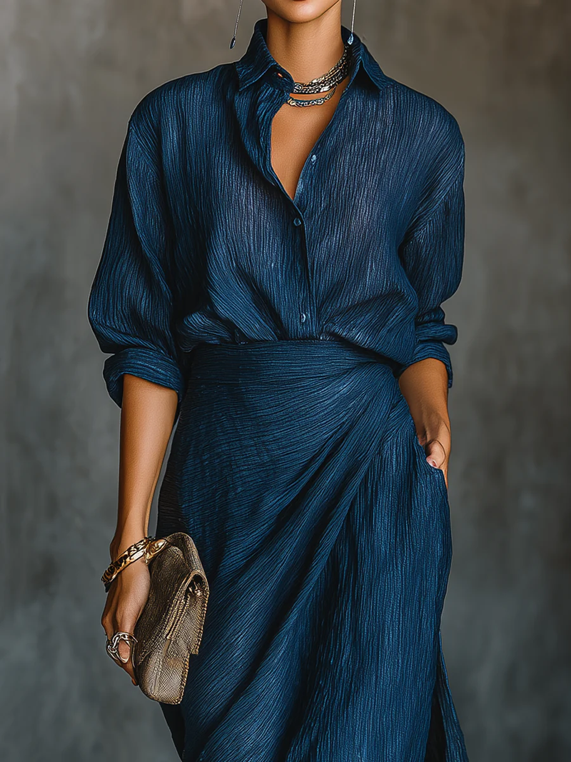 Ensemble chemise et jupe longue bleu foncé élégant en mélange lin et viscose