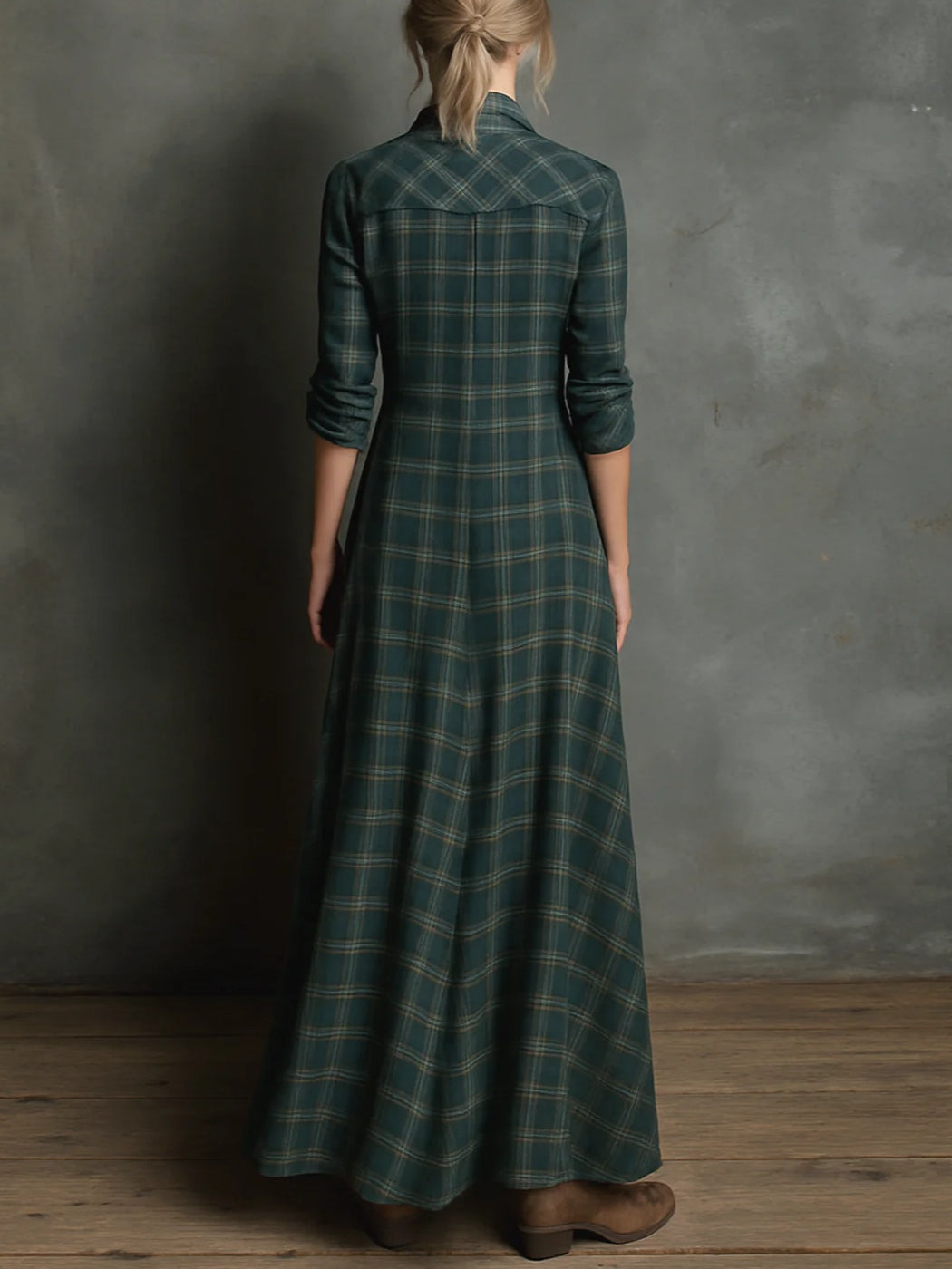 Valentine | Robe Longue Chemise à Col à Carreaux Verts