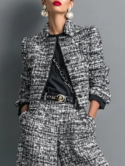 Ensemble veste courte boutonnée en tweed imprimé et pantalon large