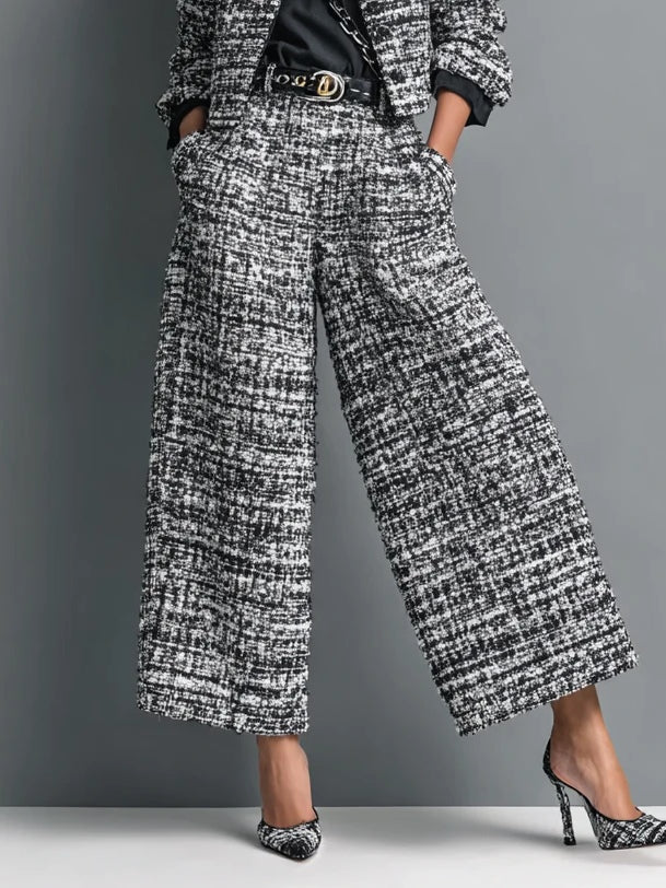 Ensemble veste courte boutonnée en tweed imprimé et pantalon large