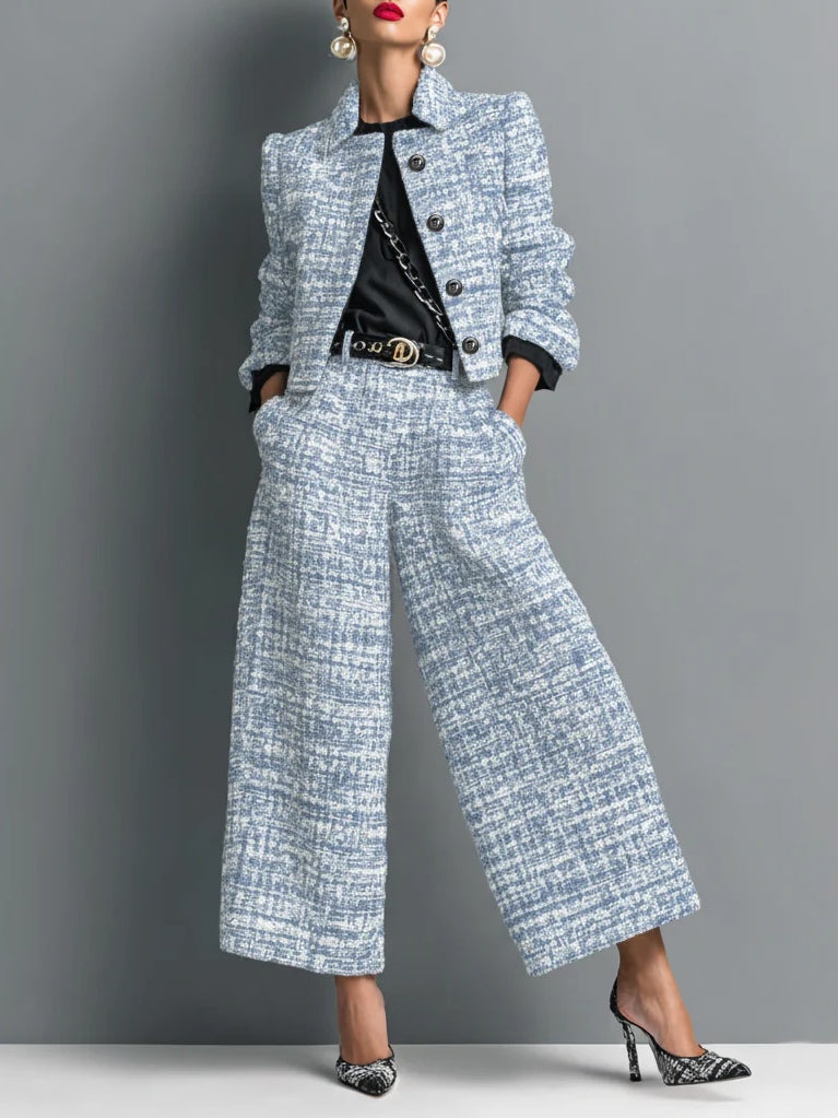 Ensemble veste courte boutonnée en tweed imprimé et pantalon large