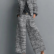 Ensemble veste courte boutonnée en tweed imprimé et pantalon large