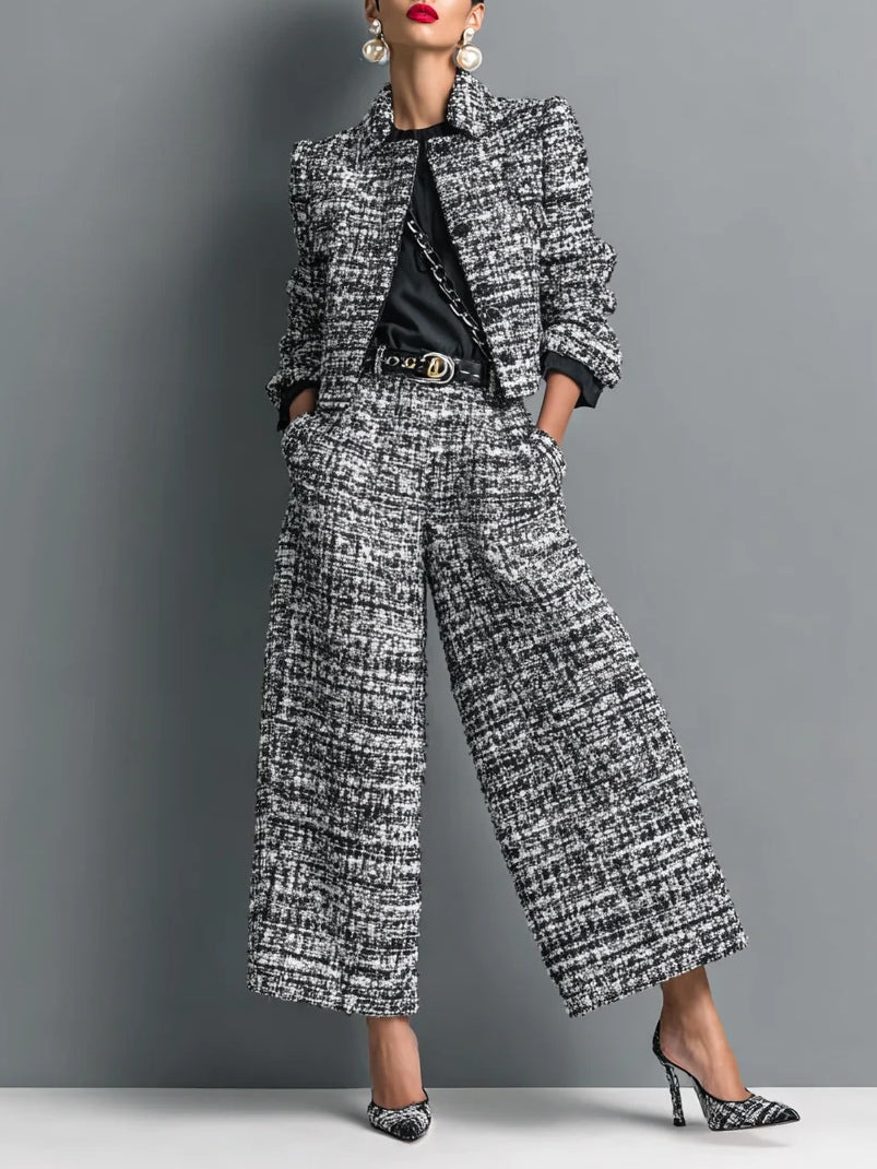 Ensemble veste courte boutonnée en tweed imprimé et pantalon large