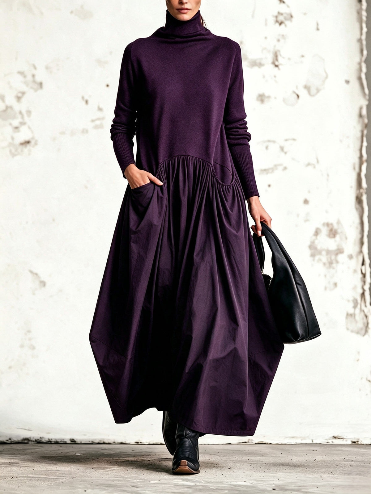 Robe longue oversize à col haut et détail poches
