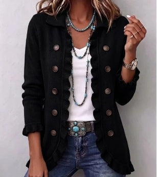 DELAUNAY | Cardigan Côtelé Noir à Volants Mathilde