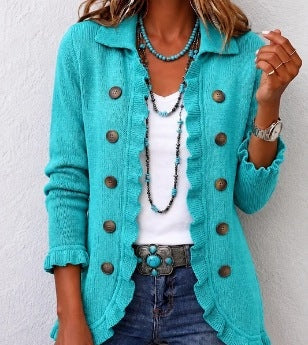DELAUNAY | Cardigan Côtelé Turquoise à Volants Claire