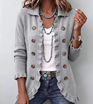 Delaunay | Cardigan Côtelé Gris à Volants Michèle