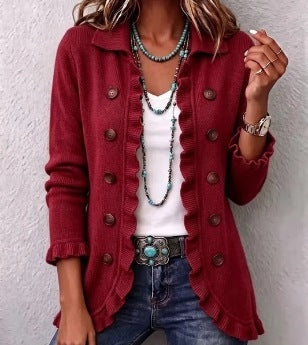 DELAUNAY | Cardigan Côtelé Rouge à Volants Isabelle