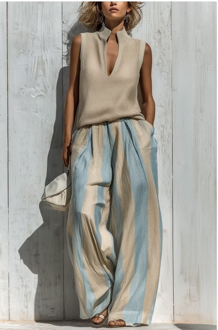 Ensemble haut sans manches casual et pantalon large à rayures