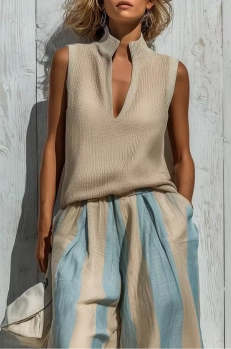 Ensemble haut sans manches casual et pantalon large à rayures