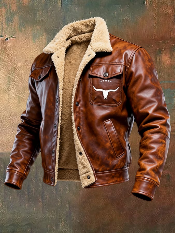 Clemens | Veste d'hiver marron en aspect cuir pour homme avec doublure teddy