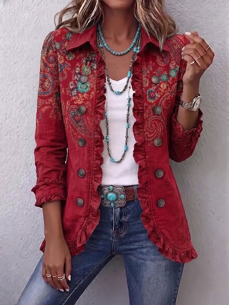 DELAUNAY | Veste Paisley Rouge à Volants Christine