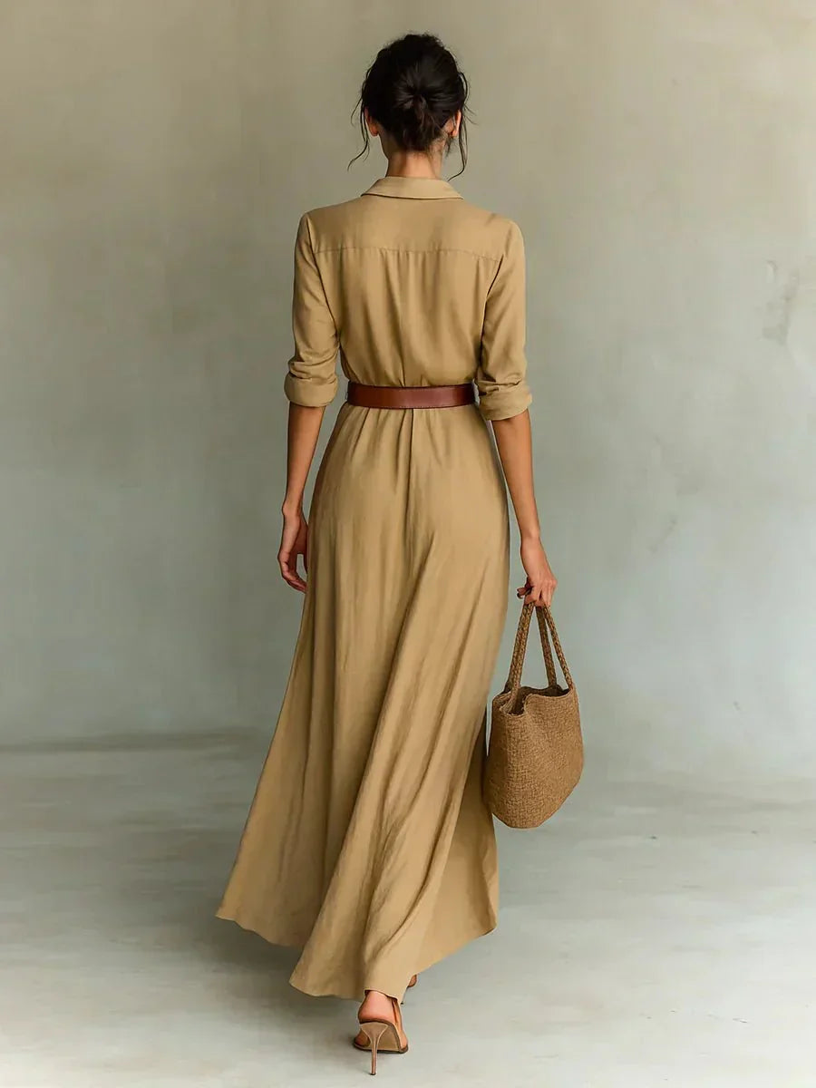 Camille | Robe Maxi avec Revers et Ceinture à la Taille