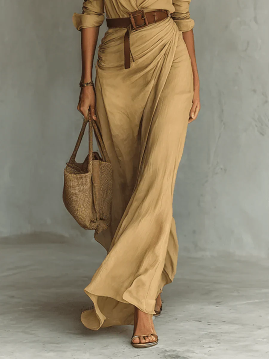Camille | Robe Maxi avec Revers et Ceinture à la Taille